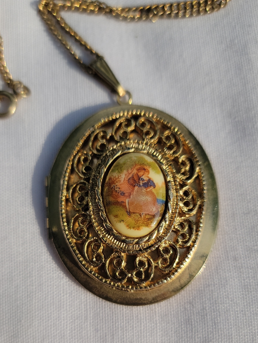 Vintage Gold-Tone Filigree Oval Locket Necklace with Painted Cameo Fragonard